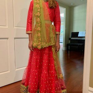 Green and hot pink Lehenga
